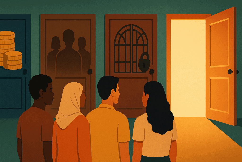 Diverse people face symbolic barriers—money wall, shadowy stigma, locked gate—while one open door radiates hope, showing why should we care about mental health.