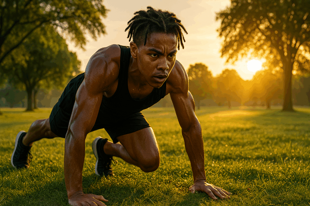 10 min hiit workout (1) Young athlete performing a 10 min hiit workout at sunrise in a park, focused and determined with sweat glistening on skin.