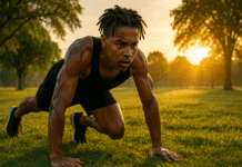 10-Min HIIT Workout: The Ultimate Endurance & Cardio Boost Young athlete performing a 10 min hiit workout at sunrise in a park, focused and determined with sweat glistening on skin.