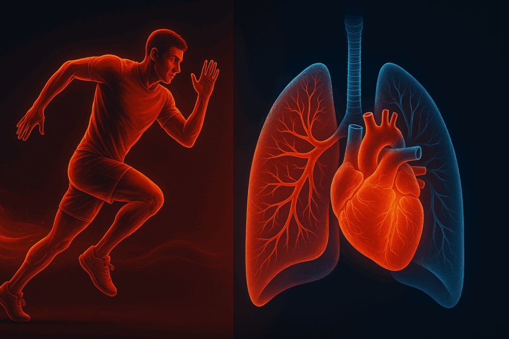 “10 min hiit workout athlete sprinting and detailed anatomical view of heart and lungs in motion”