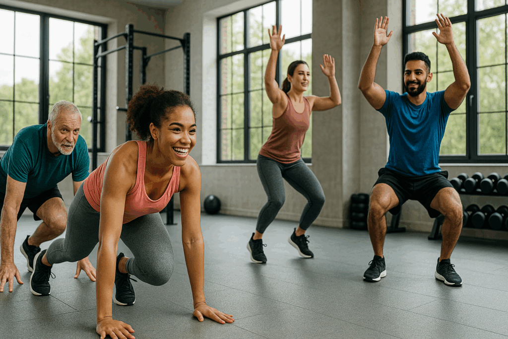 Group of diverse individuals performing a 10 min hiit workout in a modern gym, showcasing camaraderie and energy.