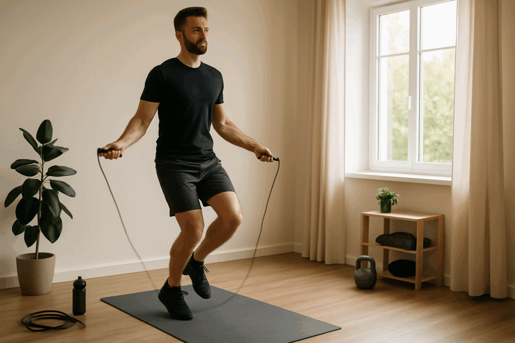 “Man performing a 10 min hiit workout in a small home gym with jump rope and yoga mat”