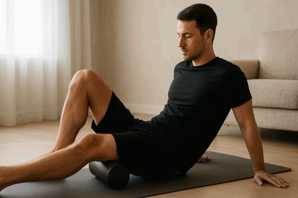 "Man recovering on a yoga mat with foam roller after 10 min hiit workout in bright natural light"