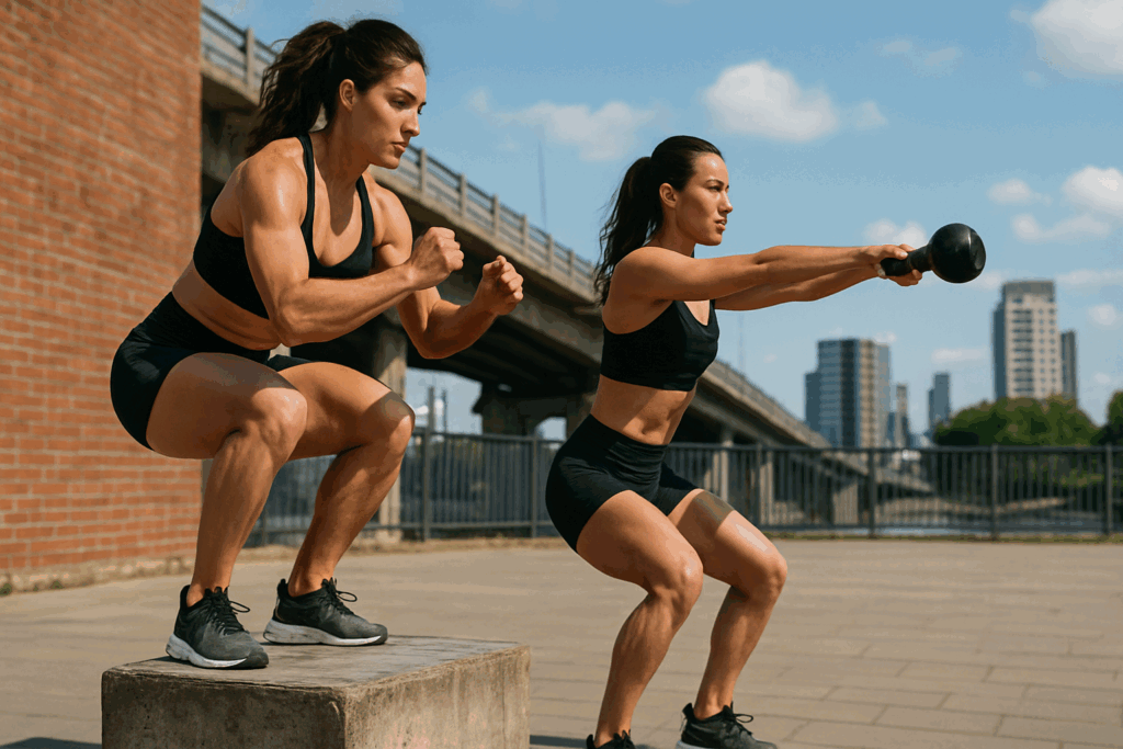 Athlete showcasing creative 10 min hiit workout moves in an urban outdoor setting, including box jumps and kettlebell swings.