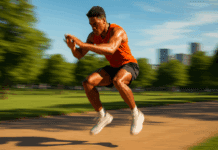 The Ultimate 15 Minute HIIT Workout for Effective Endurance & Cardio Training Young athlete performing a 15 Minute HIIT Workout outdoors in an urban park, jumping mid-air with intensity and focus.