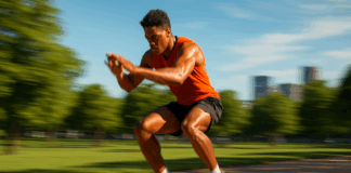 Young athlete performing a 15 Minute HIIT Workout outdoors in an urban park, jumping mid-air with intensity and focus.