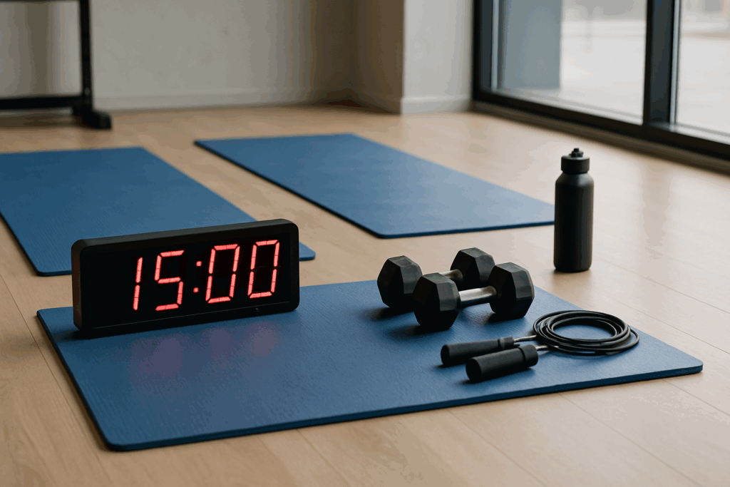 Bright gym setup with timer, mats, and weights ready for a 15 Minute HIIT Workout, emphasizing structure and readiness.