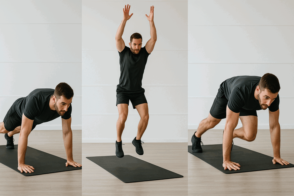 “Fit man showing 15 Minute HIIT Workout moves including burpees, jump squats, and mountain climbers in a bright studio”