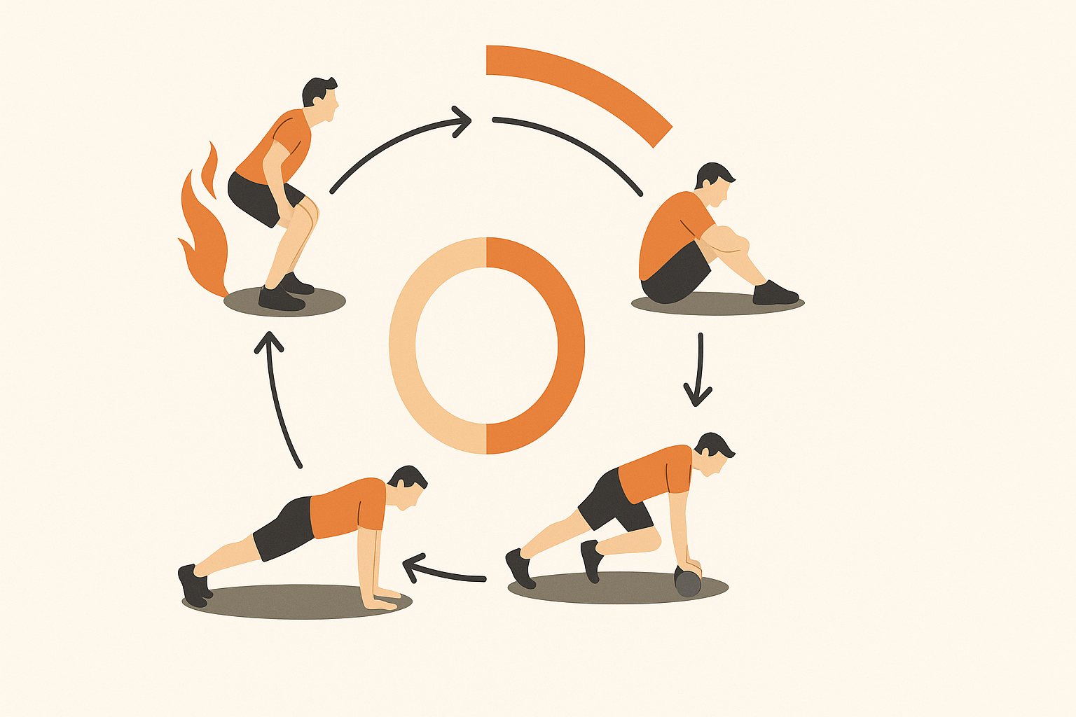 "Circular infographic showing exercises and rest cycles in a 15 Minute HIIT Workout with jump squats, burpees, and mountain climbers"