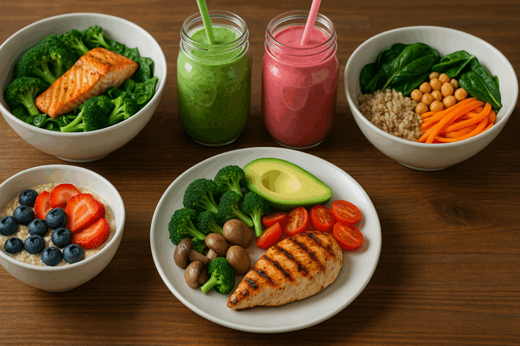 Colorful array of nutritious post-workout meals with smoothies and fresh produce supporting 15 Minute HIIT Workout recovery.