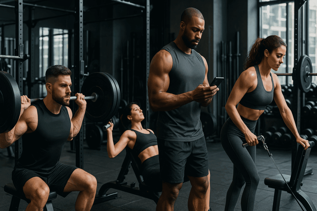 Master the Science of Strength The Ultimate Guide to Workout Sets and Reps for Advanced Muscle Gains_01 Group of advanced lifters in a gym performing squats, bench press, and cable exercises while tracking workout sets and reps on a smart device.