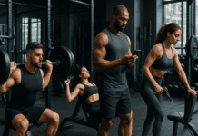 Master the Science of Strength: The Ultimate Guide to Workout Sets and Reps for Advanced Muscle Gains Group of advanced lifters in a gym performing squats, bench press, and cable exercises while tracking workout sets and reps on a smart device.