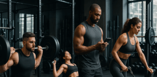 Group of advanced lifters in a gym performing squats, bench press, and cable exercises while tracking workout sets and reps on a smart device.