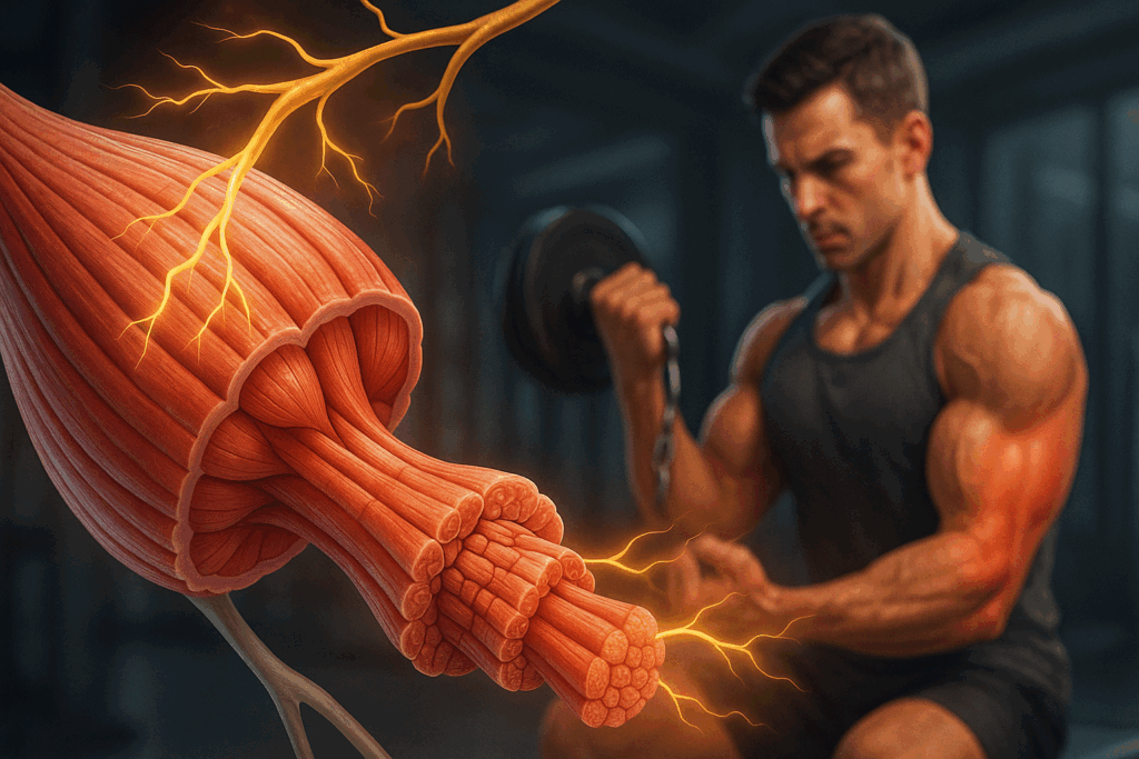 Close-up of muscle fibers contracting with nerve signals during a bicep curl, illustrating the science behind workout sets and reps.