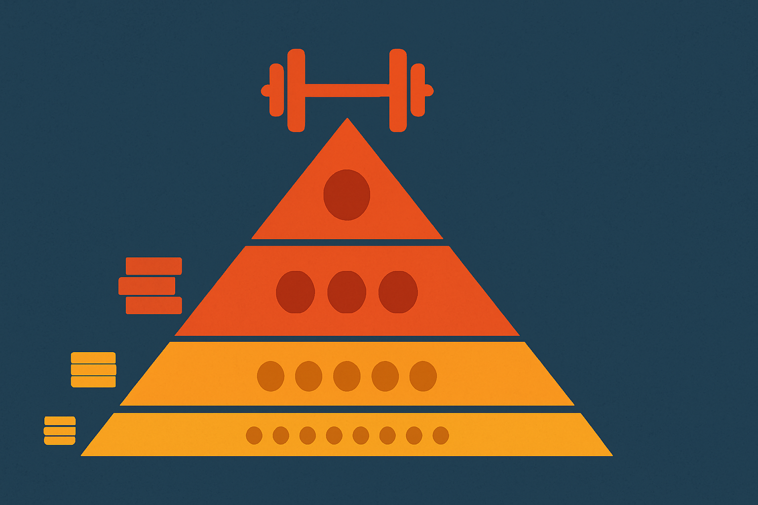 Layered pyramid infographic using weights and icons to visually represent workout sets and reps for strength and endurance.