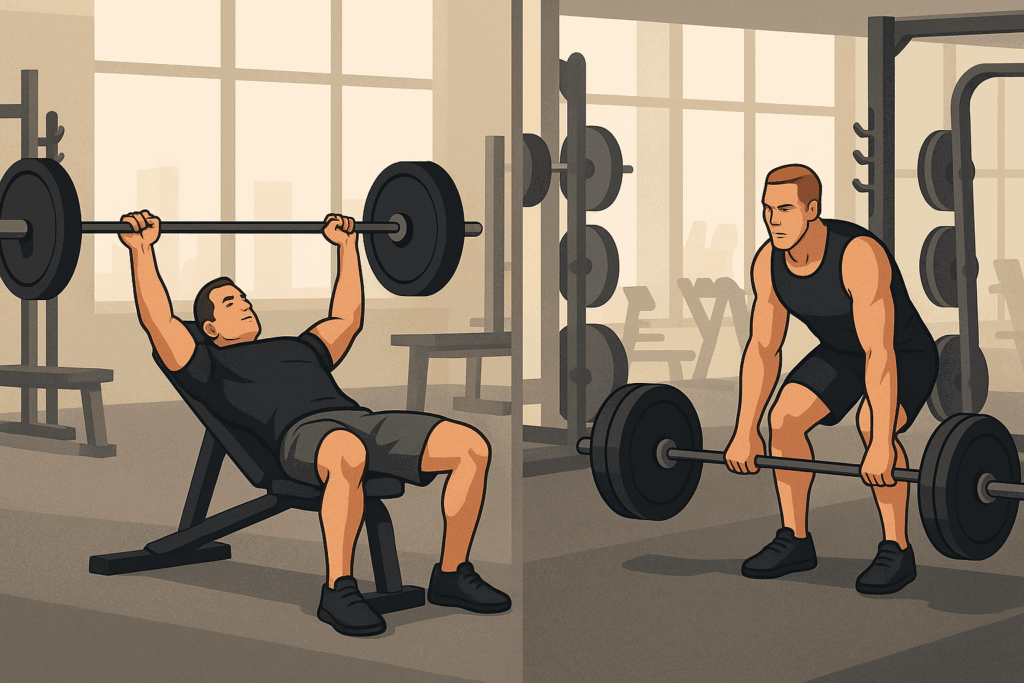 Side-by-side gym scene showing bench press for hypertrophy and deadlift for strength, illustrating workout sets and reps strategy.