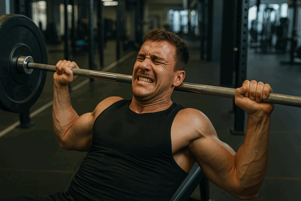 Athlete straining to complete final bench press rep with sweat and slow bar speed, illustrating intensity in workout sets and reps.