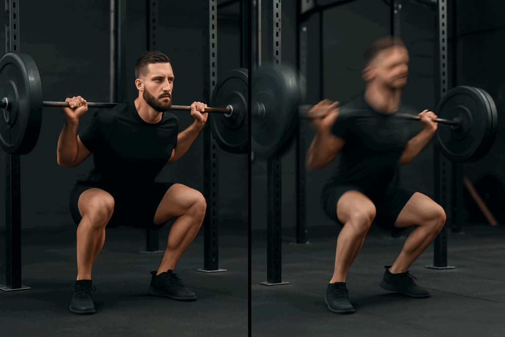 Side-by-side view of slow controlled squat and fast explosive squat demonstrating effects of workout sets and reps tempo.