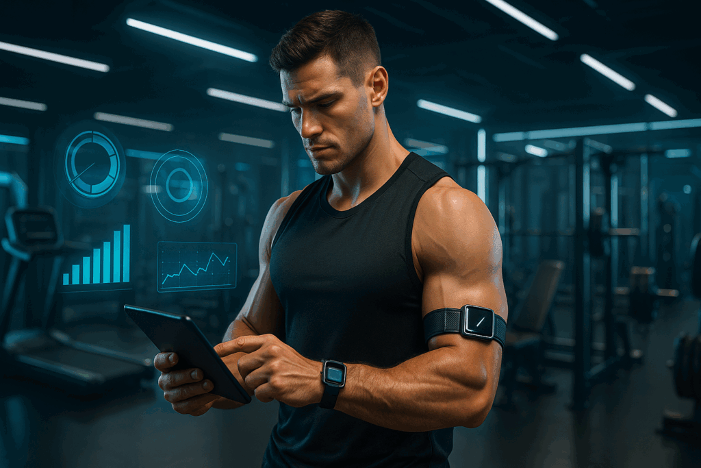Man in futuristic gym analyzing workout sets and reps on tablet with wearable tech and holographic performance data.