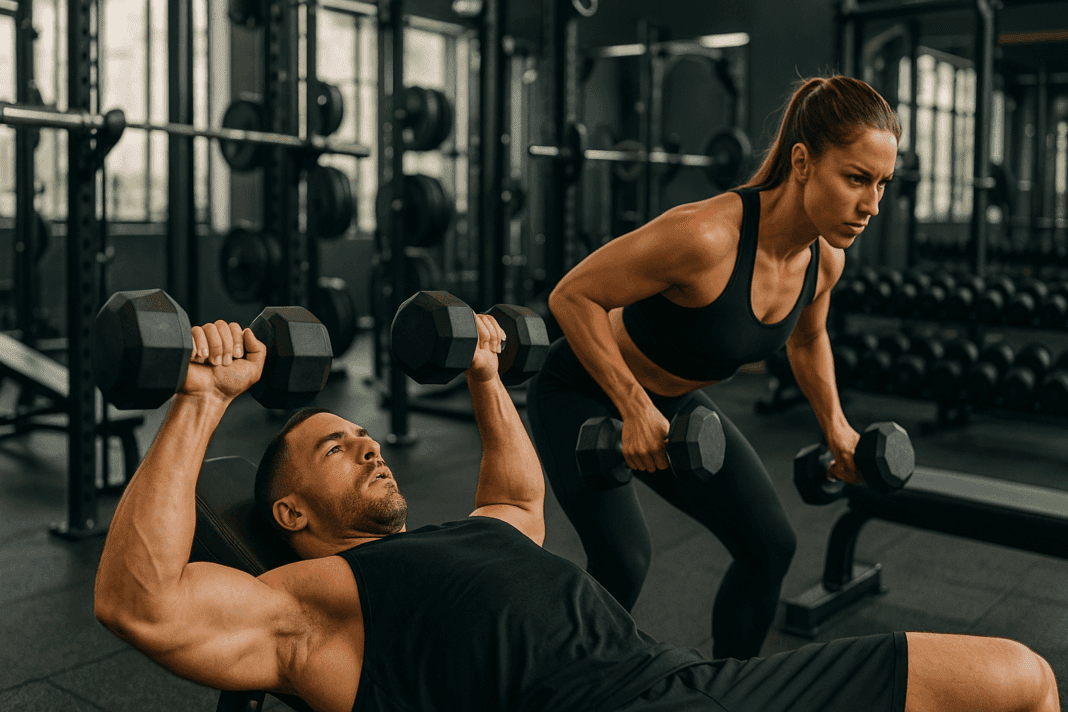 Powerful Science-Backed Insights Do Supersets Build Muscle Effectively_01 Male and female athletes performing a dumbbell bench press and bent-over row superset, demonstrating how do supersets build muscle efficiently.