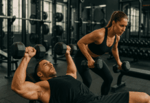 Powerful Science-Backed Insights: Do Supersets Build Muscle Effectively? Male and female athletes performing a dumbbell bench press and bent-over row superset, demonstrating how do supersets build muscle efficiently.