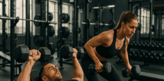 Powerful Science-Backed Insights: Do Supersets Build Muscle Effectively? Male and female athletes performing a dumbbell bench press and bent-over row superset, demonstrating how do supersets build muscle efficiently.