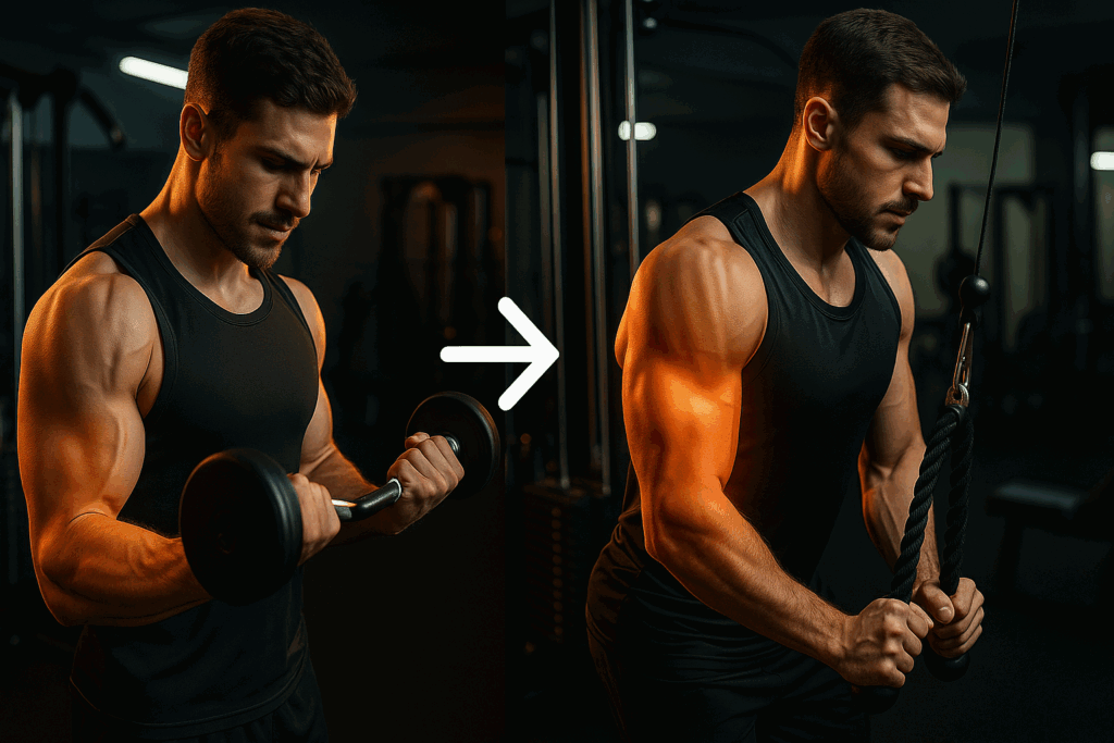 Man performing biceps curls followed by triceps pushdowns in a gym to visually demonstrate how supersets work and answer do supersets build muscle.