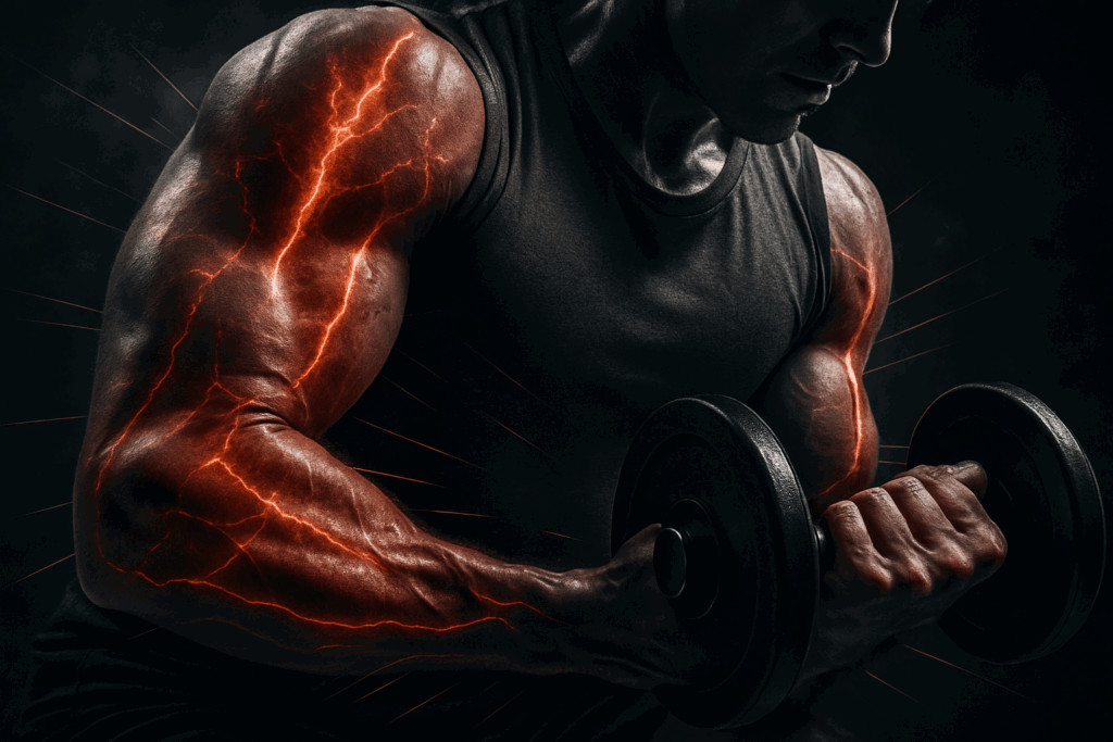 Muscular arms curling dumbbells with glowing highlights to visualize hypertrophy, exploring the question do supersets build muscle.