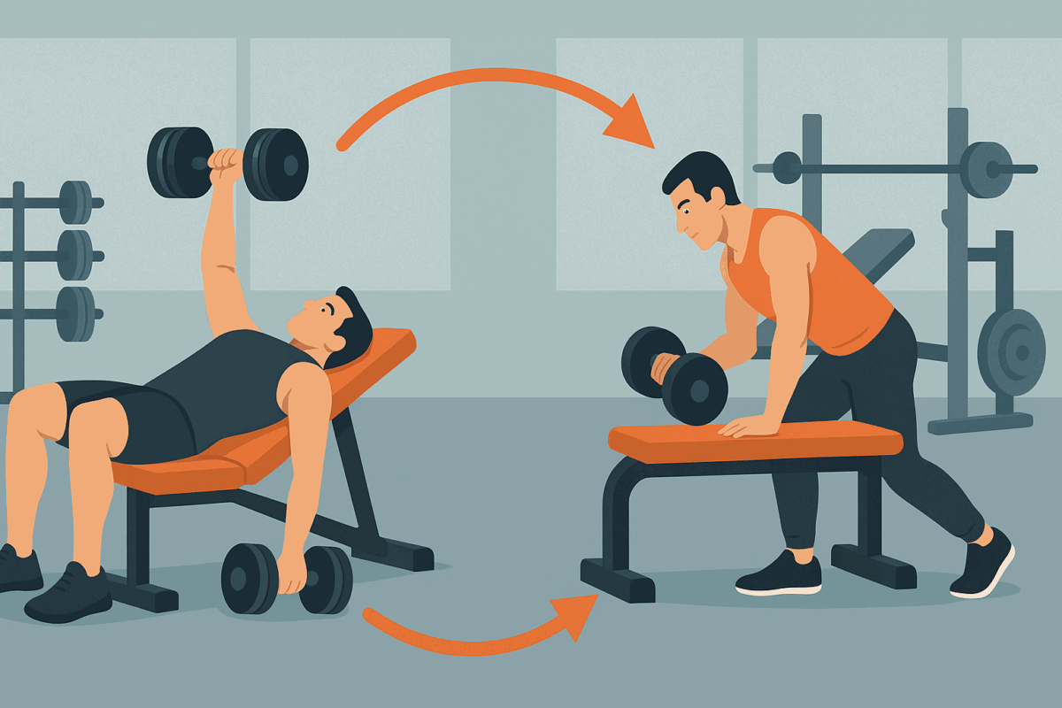 Two men performing a chest press and dumbbell row in a gym, visually illustrating how supersets work to answer do supersets build muscle.