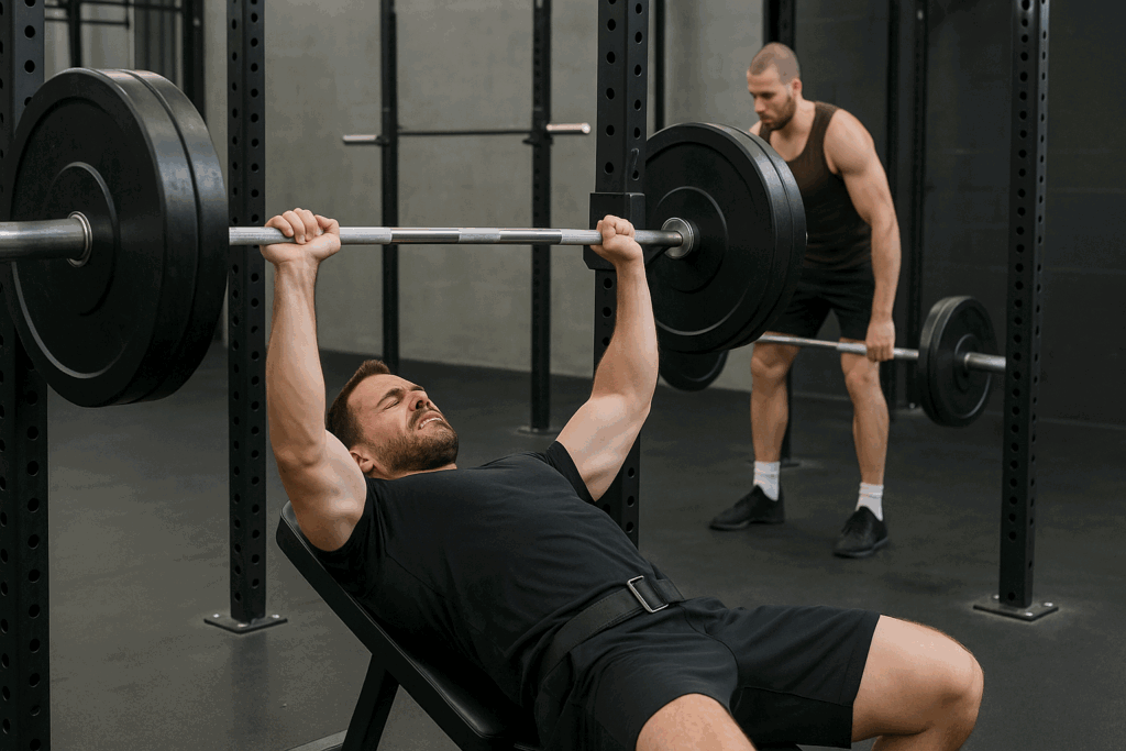 Two men training with bench press and barbell rows in a gym to demonstrate do supersets build muscle strength routines.