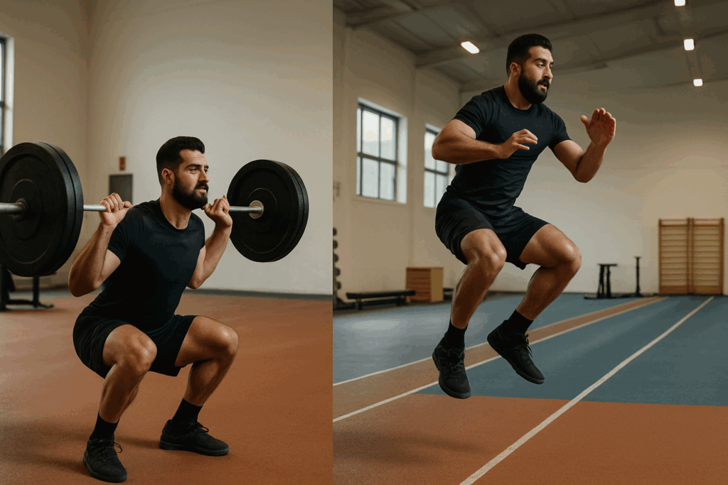 Athlete performing barbell squats followed by explosive jump squats in a gym, demonstrating contrast training to explore do supersets build muscle.