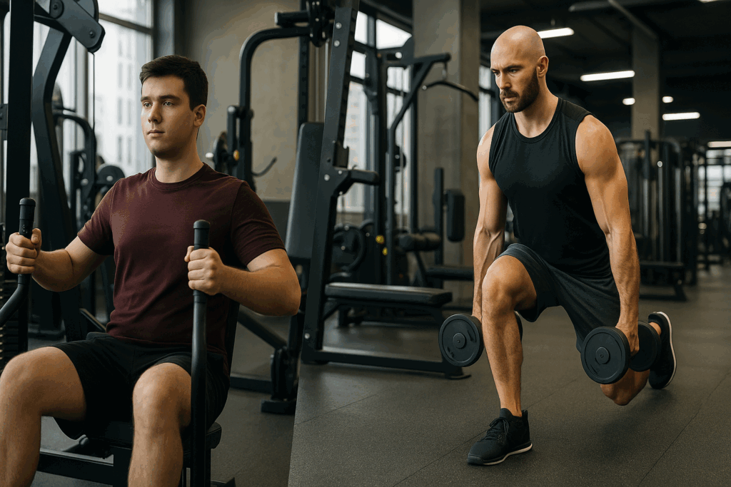 Beginner using machine weights and advanced lifter doing free-weight supersets in gym to illustrate do supersets build muscle.