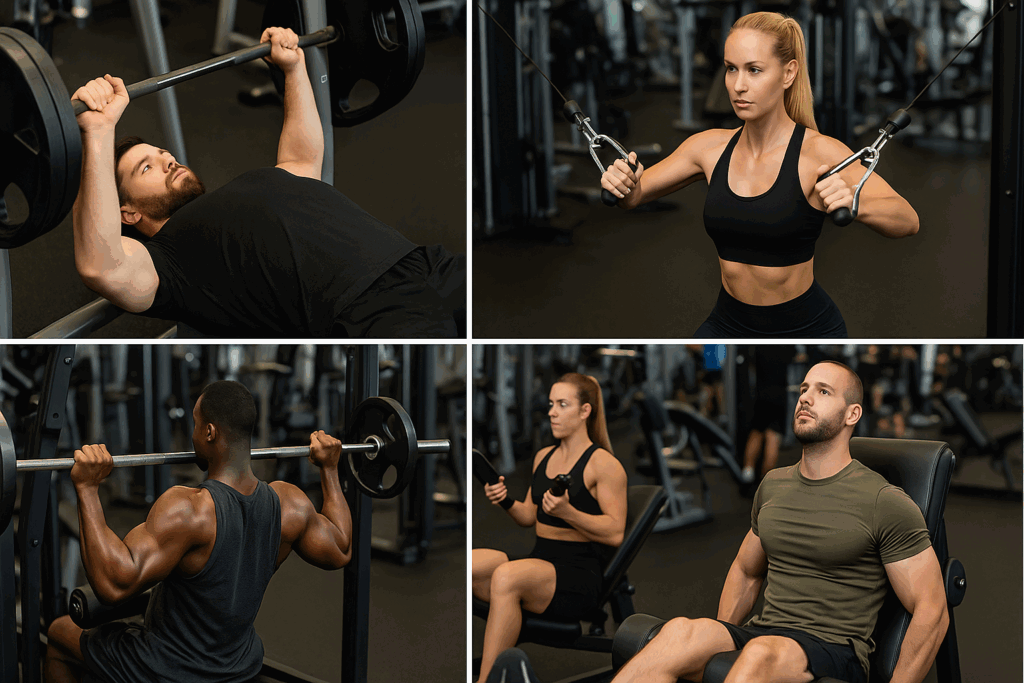 Gym athletes performing superset exercises like bench press and cable flyes, showing how do supersets build muscle efficiently