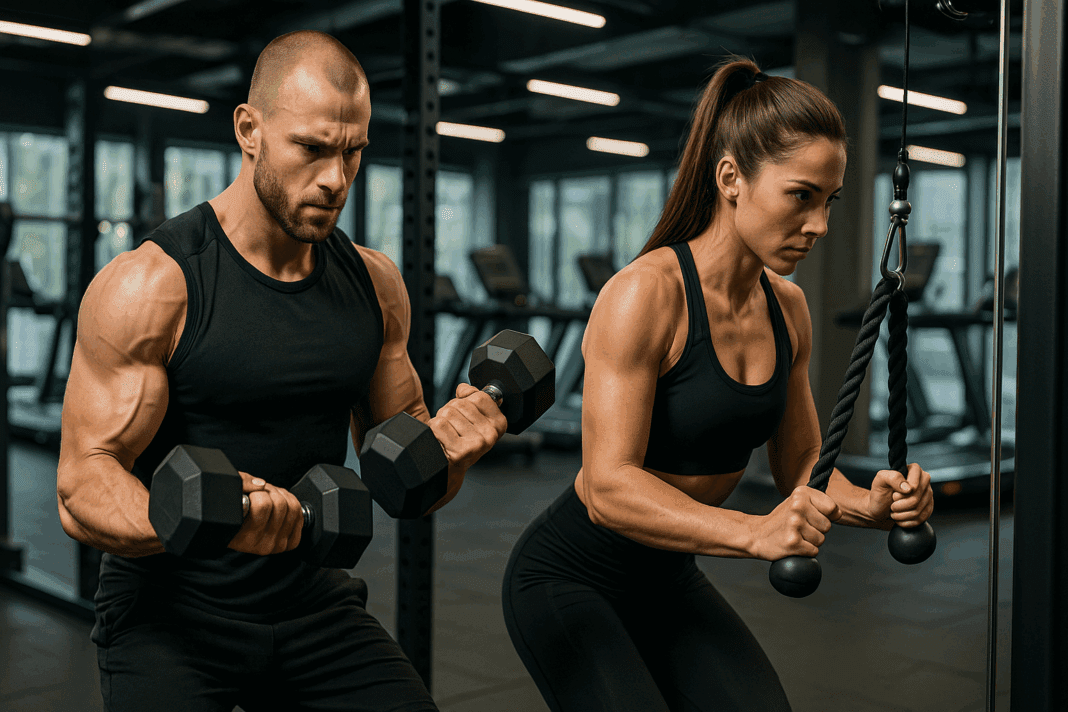 The Surprising Science Behind Supersets Are Supersets Good for Hypertrophy and Strength Gains_01 Man doing dumbbell curls and woman performing triceps pushdowns in a gym superset, illustrating are supersets good for hypertrophy.