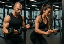 The Surprising Science Behind Supersets: Are Supersets Good for Hypertrophy and Strength Gains? Man doing dumbbell curls and woman performing triceps pushdowns in a gym superset, illustrating are supersets good for hypertrophy.