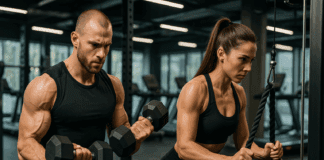 The Surprising Science Behind Supersets: Are Supersets Good for Hypertrophy and Strength Gains? Man doing dumbbell curls and woman performing triceps pushdowns in a gym superset, illustrating are supersets good for hypertrophy.