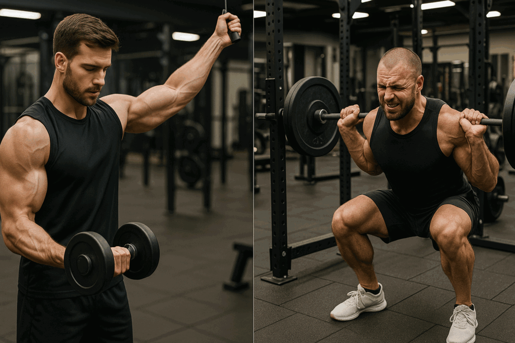 Side-by-side gym scenes comparing isolation and compound lifts to explore are supersets good for hypertrophy in all muscles.