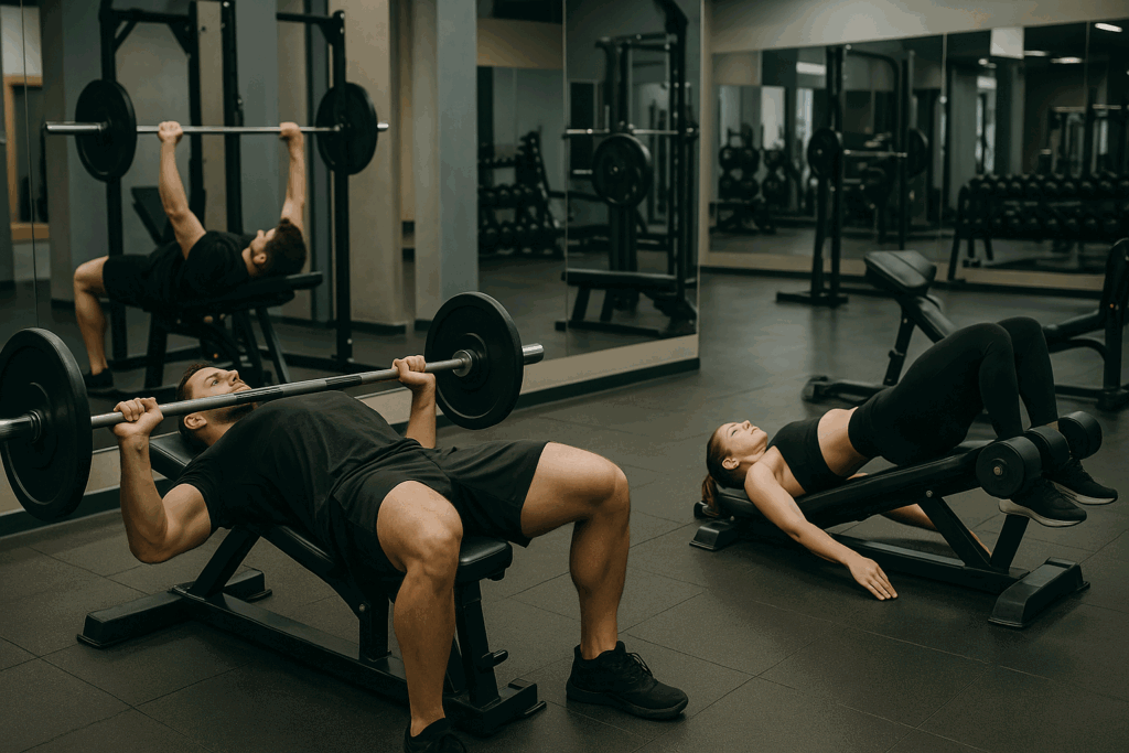 Man bench pressing and woman doing glute bridges in a gym, visually exploring the question are supersets good for hypertrophy.