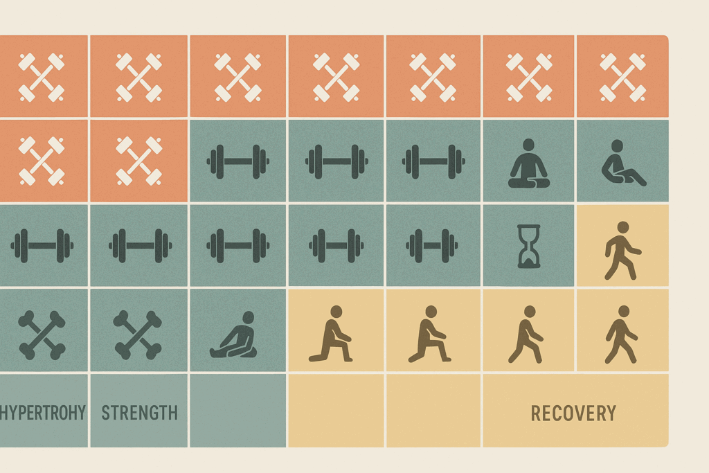 Periodized training calendar with icons for supersets, strength, and recovery phases, illustrating are supersets good for hypertrophy.