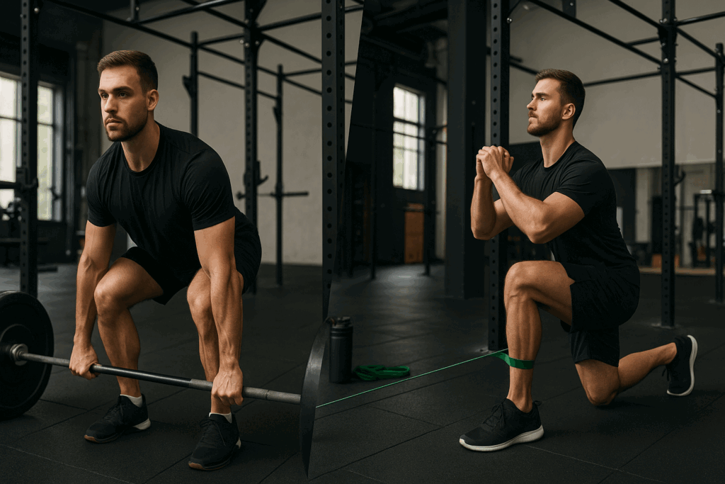 Athlete pairing heavy deadlifts with banded mobility drills to demonstrate are supersets good for hypertrophy and recovery.