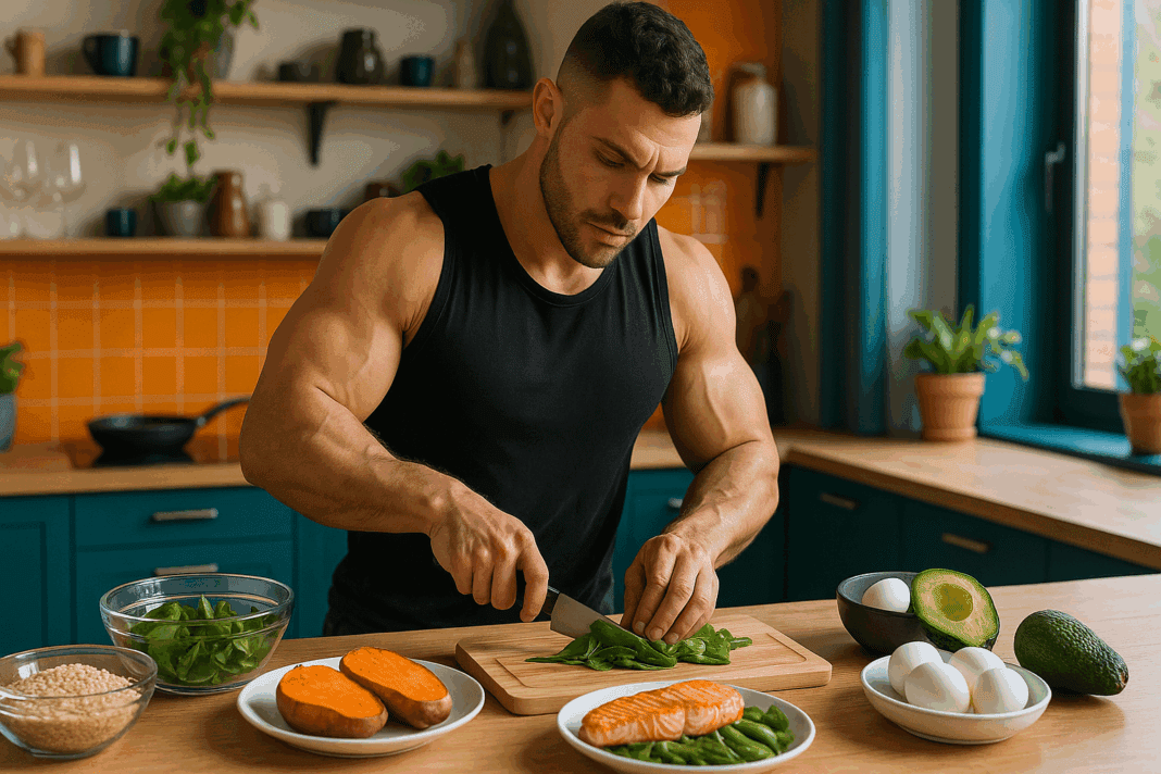 The Ultimate Guide to Powerful Weightlifting Nutrition for Strength and Muscle Gains_01 Strength athlete preparing a colorful meal with salmon, eggs, sweet potatoes, and leafy greens for optimal weightlifting nutrition.