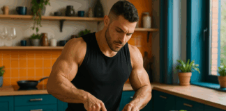 Strength athlete preparing a colorful meal with salmon, eggs, sweet potatoes, and leafy greens for optimal weightlifting nutrition.