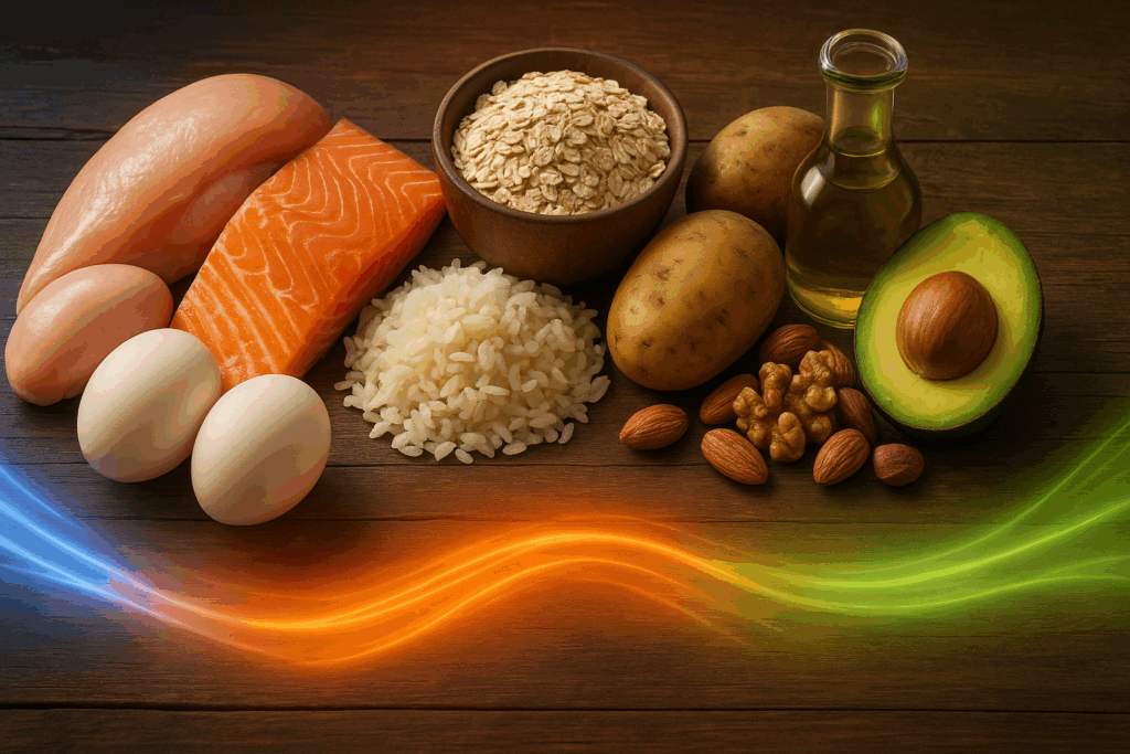 Grilled chicken, salmon, eggs, rice, oats, potatoes, avocado, olive oil, and nuts arranged on a wooden table to represent balanced weightlifting nutrition.