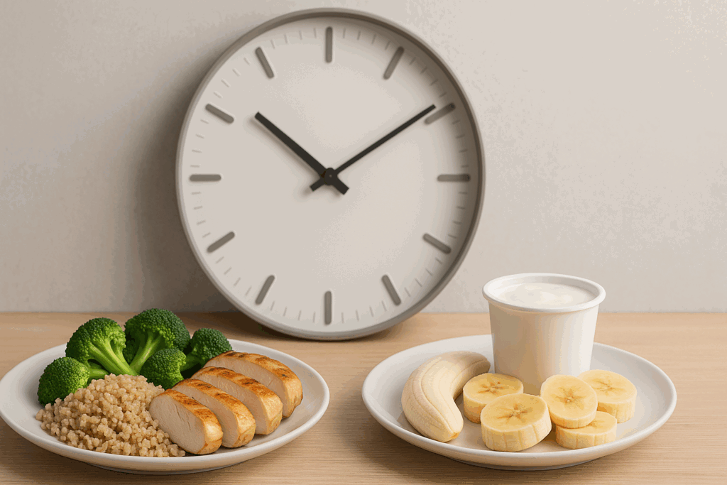 Clock with plated meals of chicken, quinoa, broccoli, banana, and yogurt representing timed weightlifting nutrition.