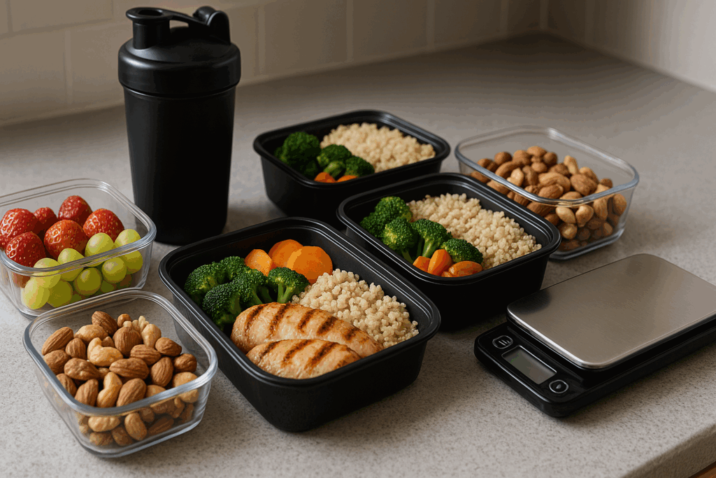 Meal prep containers with chicken, quinoa, vegetables, fruit, and nuts on a kitchen counter, supporting weightlifting nutrition planning.