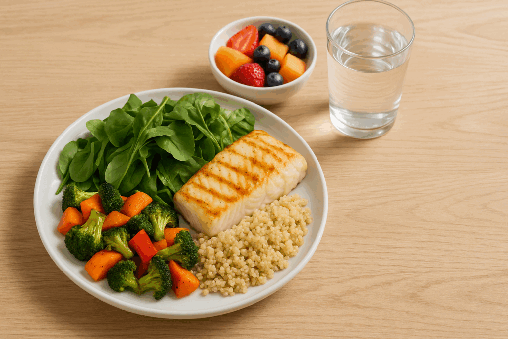 Grilled fish with leafy greens, roasted vegetables, quinoa, fresh fruit, and water served as a balanced weightlifting nutrition meal.