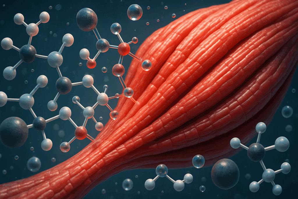 Scientific illustration of muscle fibers absorbing amino acids, zinc, magnesium, and water molecules to depict weightlifting nutrition for hypertrophy.