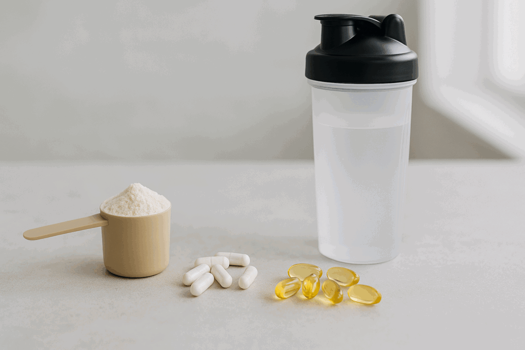 Clean countertop display of supplements essential for weightlifting nutrition, including protein powder, creatine capsules, omega-3 softgels, and a shaker bottle in natural light.