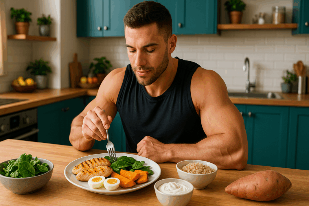 Muscular man enjoying a balanced meal of grilled chicken, eggs, spinach, quinoa, and yogurt as part of a 2000 calorie meal plan high protein.