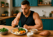 The Ultimate High-Protein 2000 Calorie Meal Plan to Build Strength and Muscle Muscular man enjoying a balanced meal of grilled chicken, eggs, spinach, quinoa, and yogurt as part of a 2000 calorie meal plan high protein.